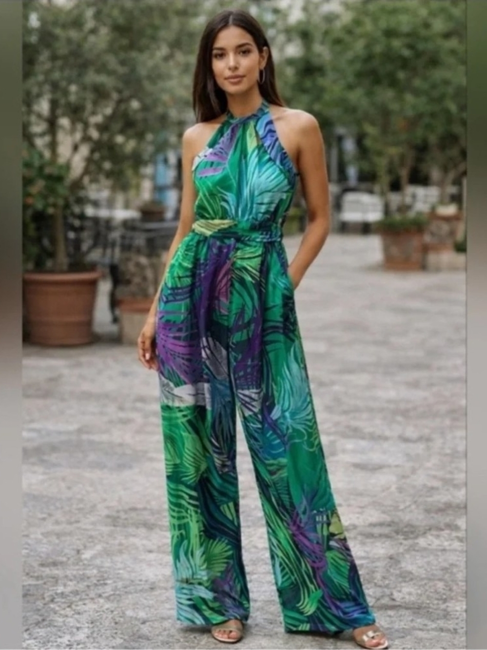 Zara Green Purple Tropical Halter Tie Wide Leg Jumpsuit Sleeveless Sz Small NWOT